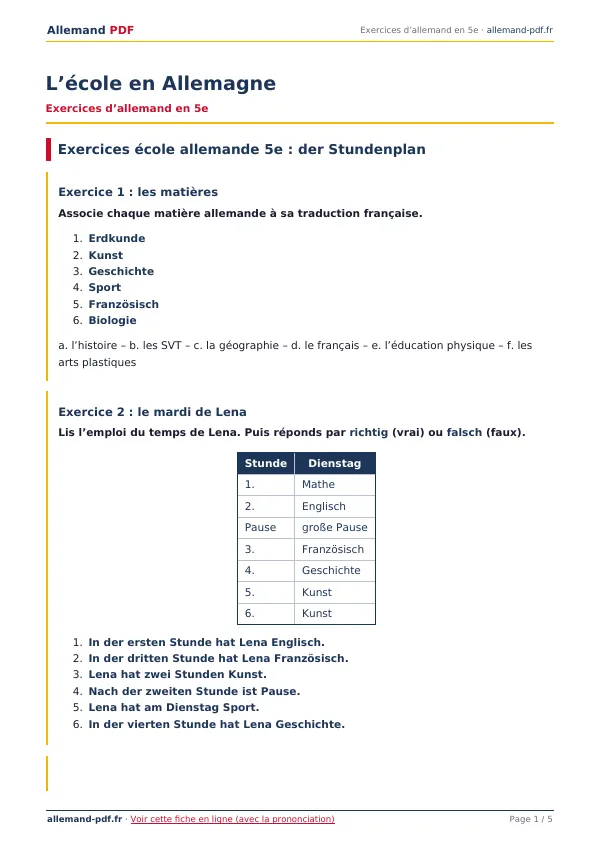 Exercices « L’école en Allemagne » en PDF