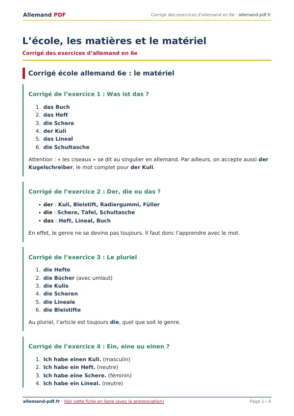 Corrigé « L’école, les matières et le matériel » en PDF