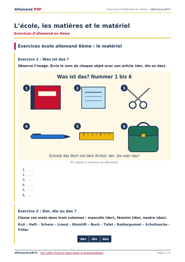 Exercices « L’école, les matières et le matériel » en PDF
