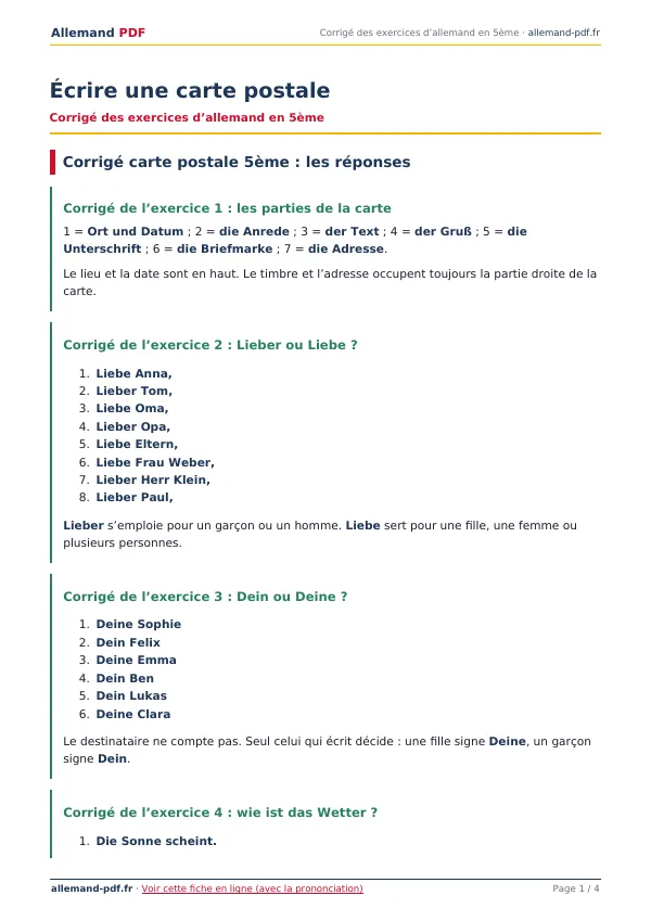 Corrigé « Écrire une carte postale » en PDF