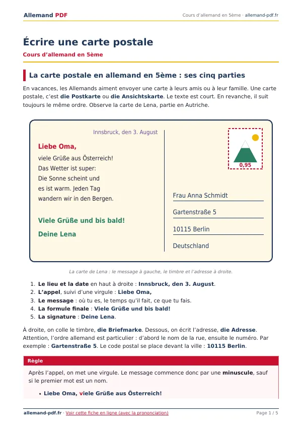 Cours « Écrire une carte postale » en PDF