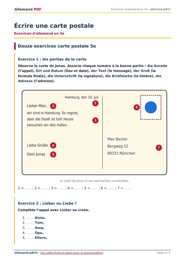 Exercices « Écrire une carte postale » en PDF