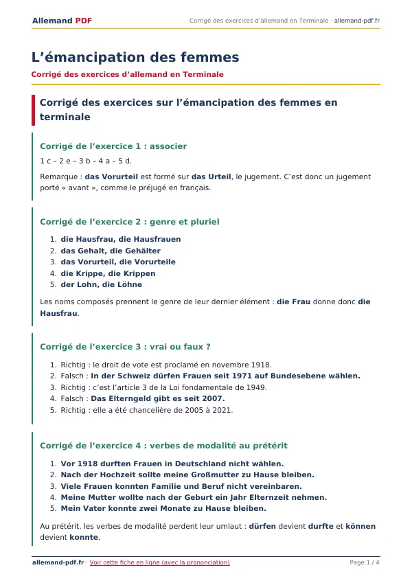 Corrigé « L’émancipation des femmes » en PDF