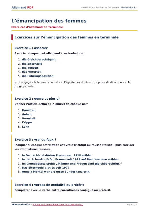 Exercices « L’émancipation des femmes » en PDF