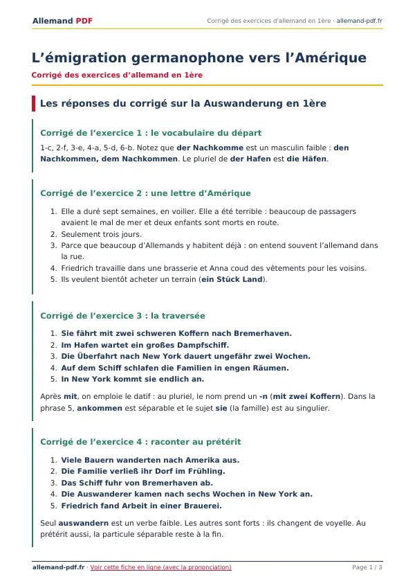 Corrigé « L’émigration germanophone vers l’Amérique » en PDF
