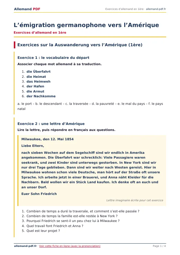 Exercices « L’émigration germanophone vers l’Amérique » en PDF