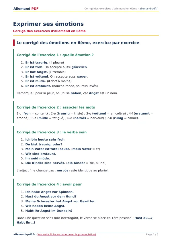 Corrigé « Exprimer ses émotions » en PDF