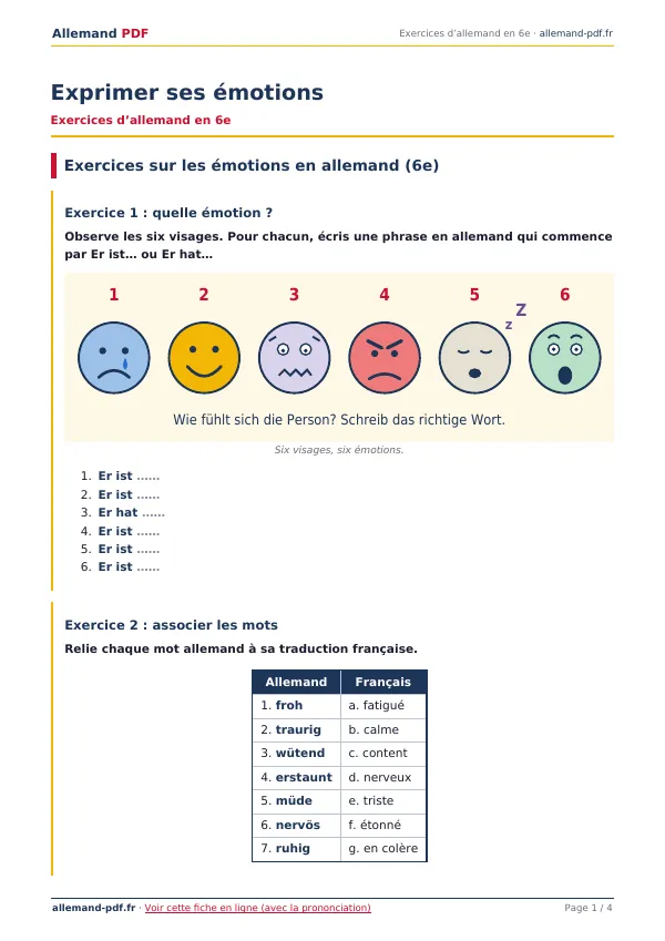 Exercices « Exprimer ses émotions » en PDF