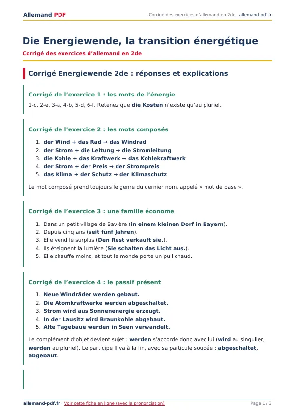 Corrigé « Die Energiewende, la transition énergétique » en PDF