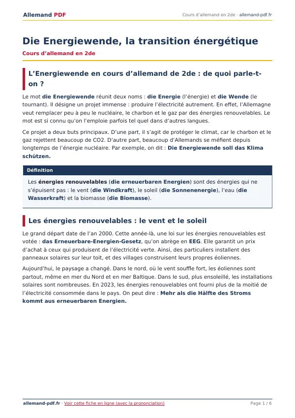 Cours « Die Energiewende, la transition énergétique » en PDF