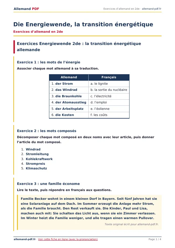 Exercices « Die Energiewende, la transition énergétique » en PDF