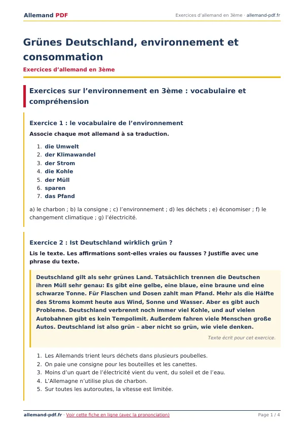 Exercices « Grünes Deutschland, environnement et consommation » en PDF