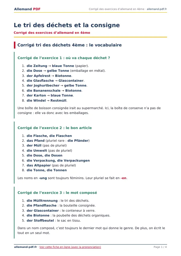 Corrigé « Le tri des déchets et la consigne » en PDF