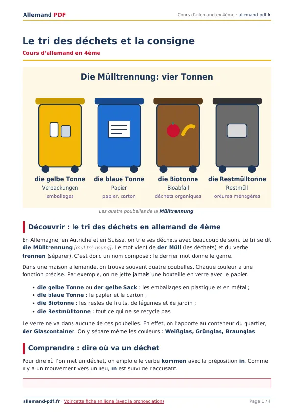 Cours « Le tri des déchets et la consigne » en PDF