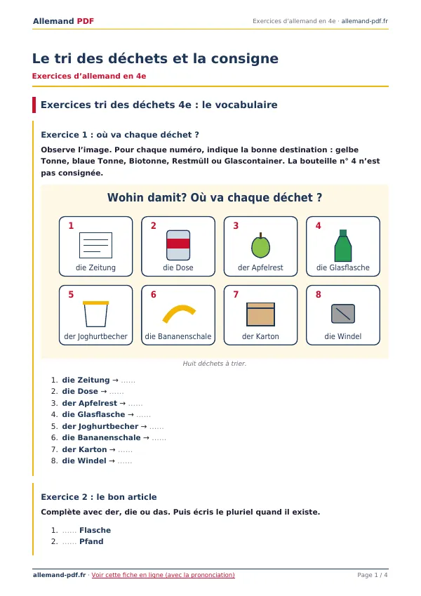 Exercices « Le tri des déchets et la consigne » en PDF