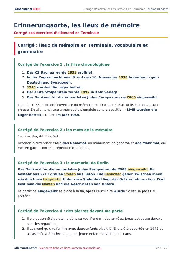 Corrigé « Erinnerungsorte, les lieux de mémoire » en PDF