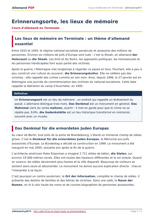 Cours « Erinnerungsorte, les lieux de mémoire » en PDF