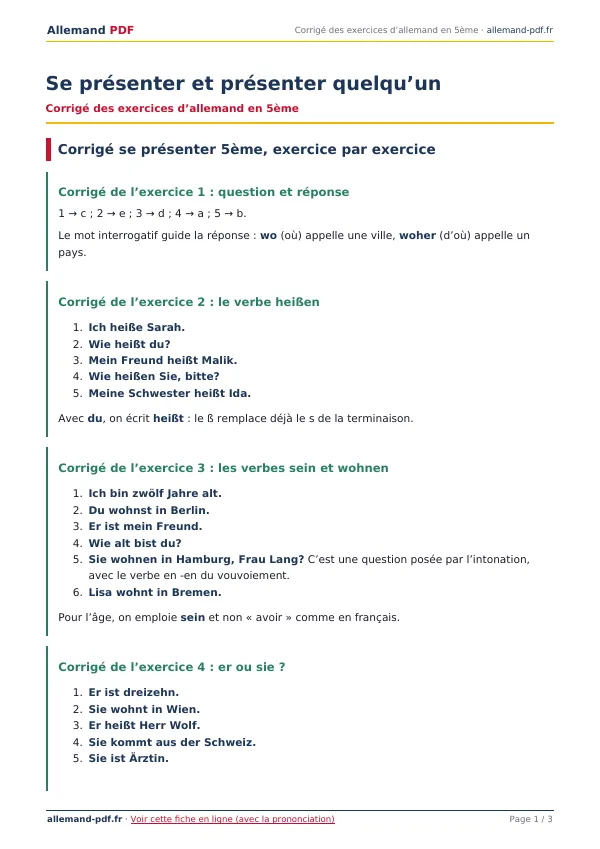 Corrigé « Se présenter et présenter quelqu’un » en PDF
