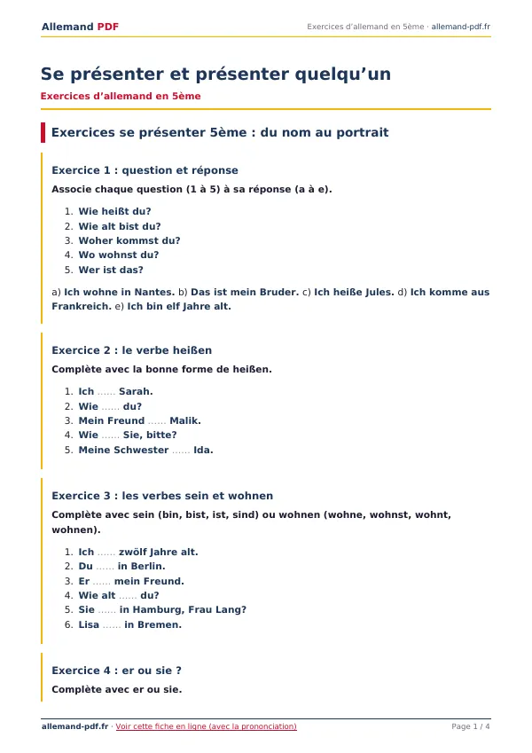 Exercices « Se présenter et présenter quelqu’un » en PDF