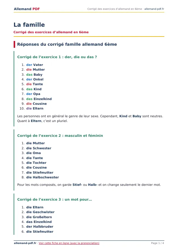Corrigé « La famille » en PDF