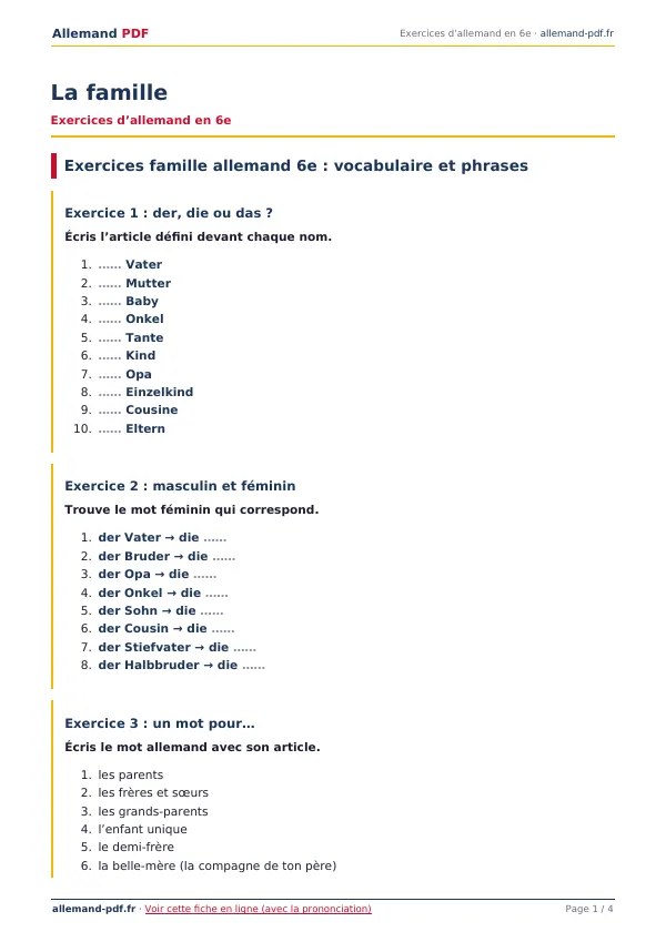 Exercices « La famille » en PDF