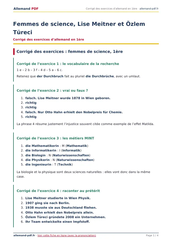 Corrigé « Femmes de science, Lise Meitner et Özlem Türeci » en PDF