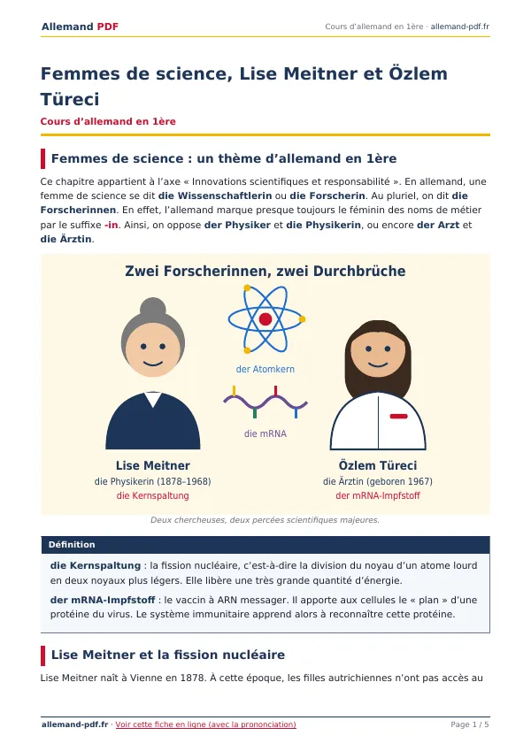 Cours « Femmes de science, Lise Meitner et Özlem Türeci » en PDF