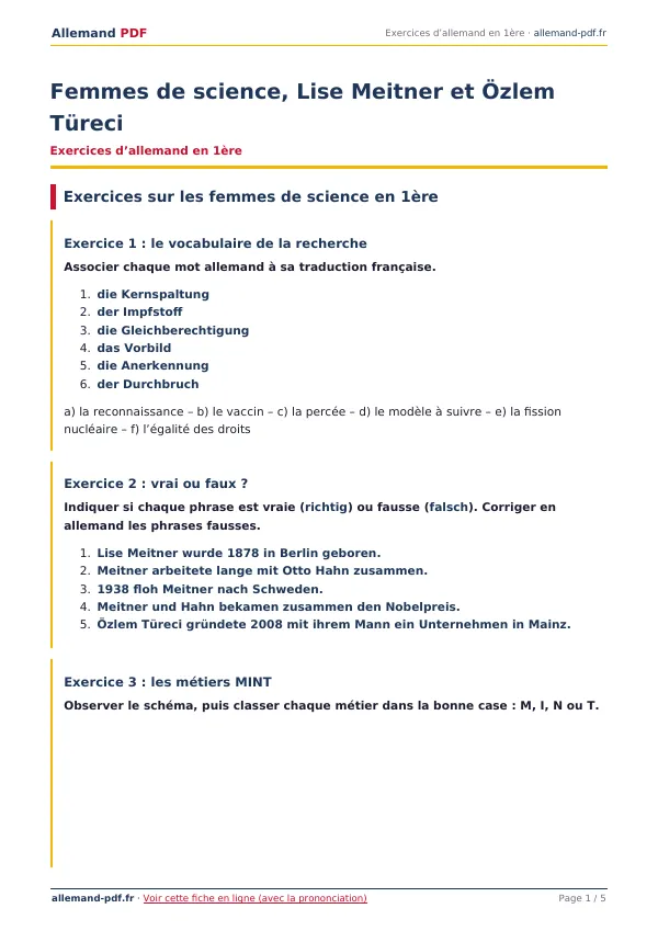 Exercices « Femmes de science, Lise Meitner et Özlem Türeci » en PDF