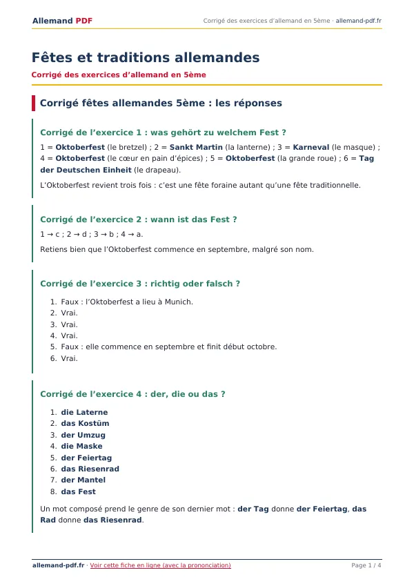 Corrigé « Fêtes et traditions allemandes » en PDF