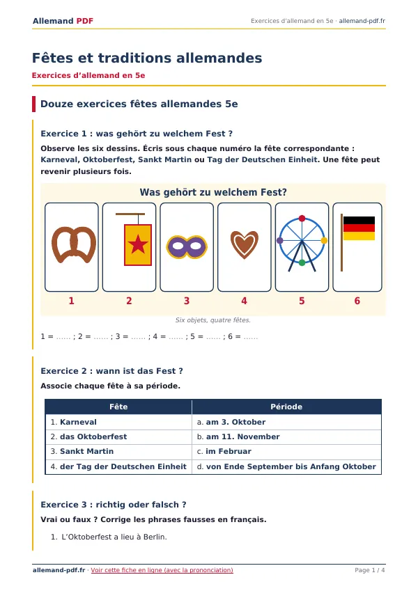 Exercices « Fêtes et traditions allemandes » en PDF