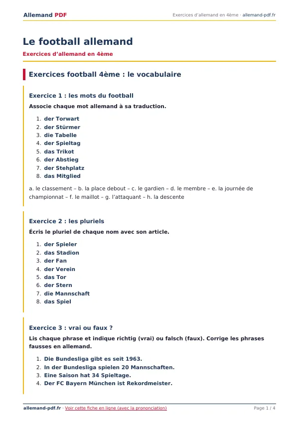 Exercices « Le football allemand » en PDF