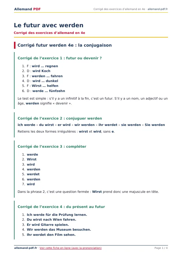 Corrigé « Le futur avec werden » en PDF