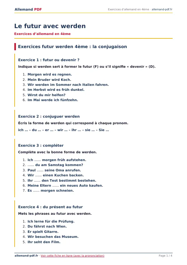 Exercices « Le futur avec werden » en PDF