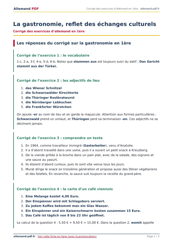 Corrigé « La gastronomie, reflet des échanges culturels » en PDF
