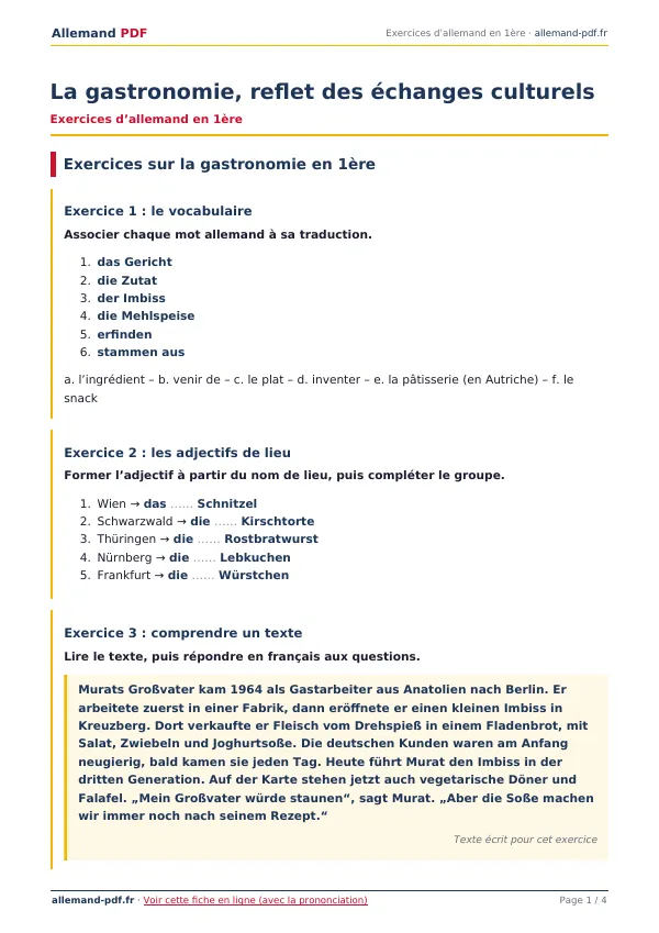 Exercices « La gastronomie, reflet des échanges culturels » en PDF