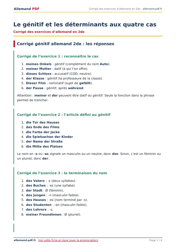 Corrigé « Le génitif et les déterminants aux quatre cas » en PDF