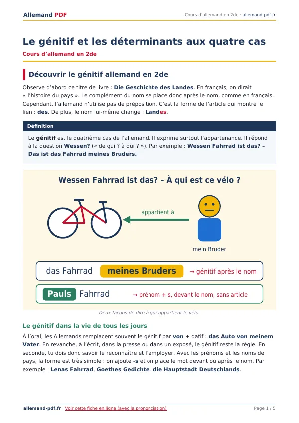 Cours « Le génitif et les déterminants aux quatre cas » en PDF
