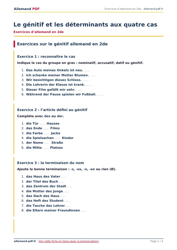 Exercices « Le génitif et les déterminants aux quatre cas » en PDF