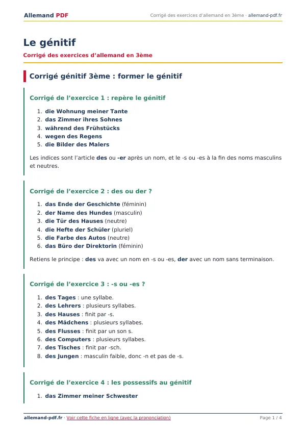 Corrigé « Le génitif » en PDF
