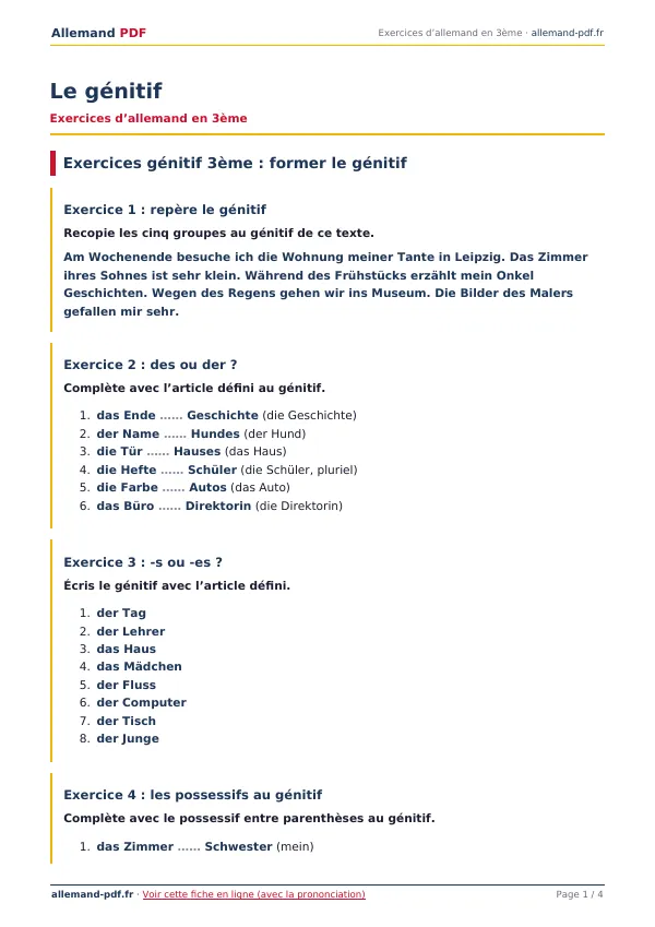 Exercices « Le génitif » en PDF