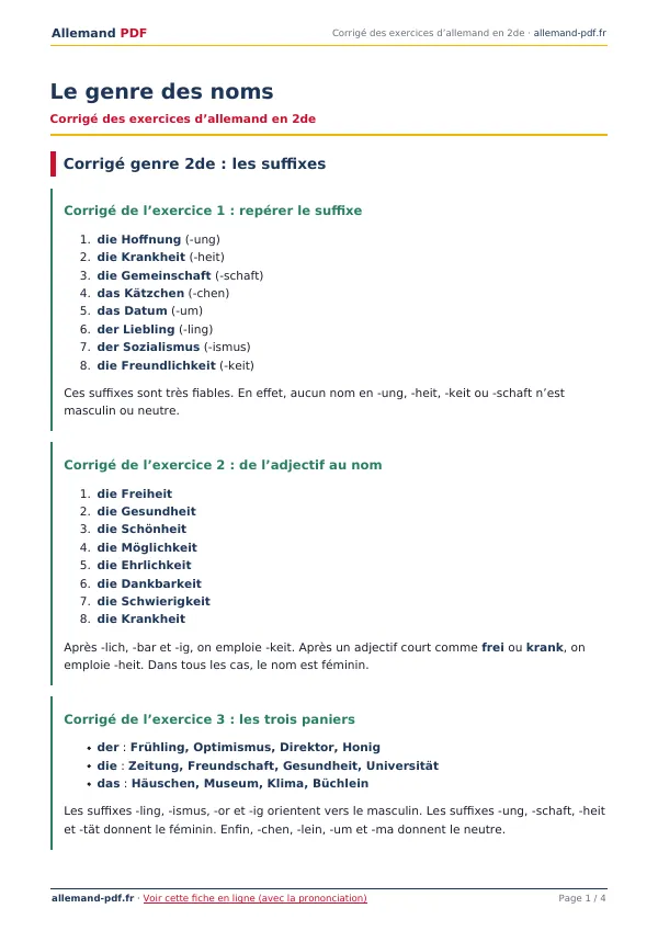 Corrigé « Le genre des noms » en PDF