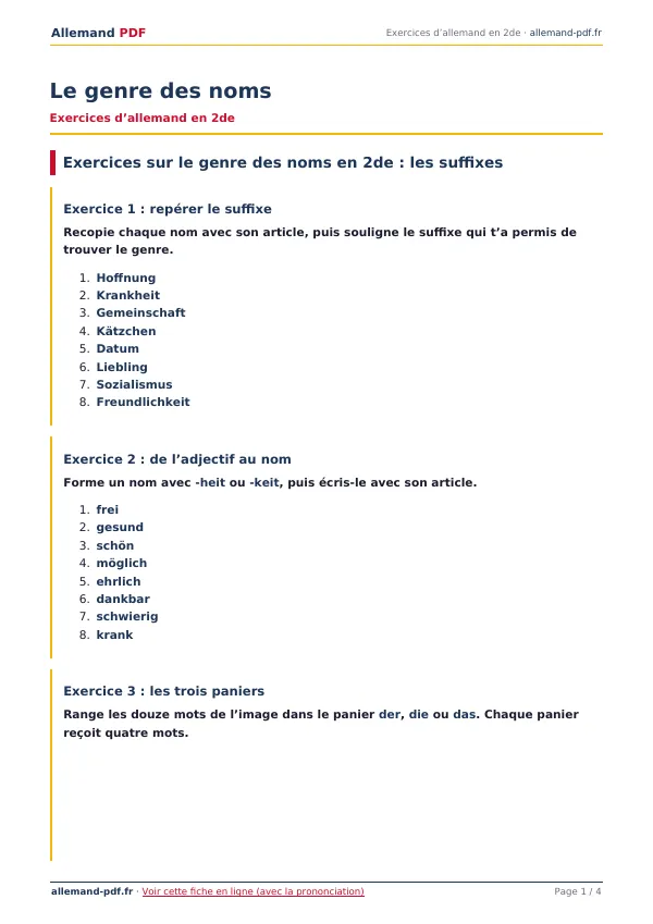 Exercices « Le genre des noms » en PDF
