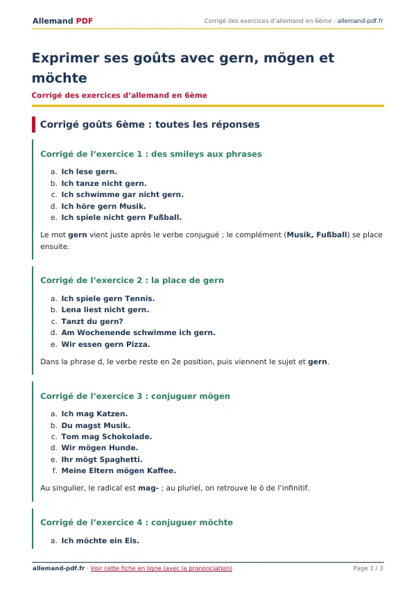 Corrigé « Exprimer ses goûts avec gern, mögen et möchte » en PDF