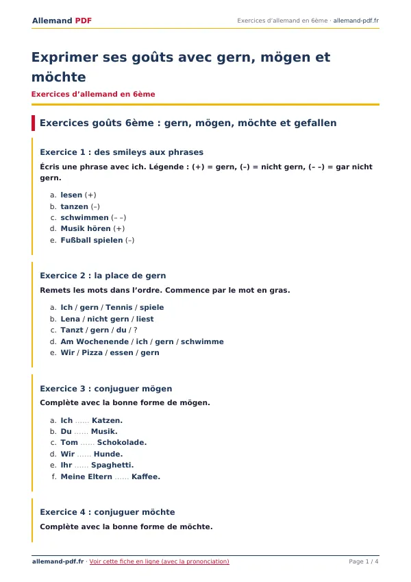 Exercices « Exprimer ses goûts avec gern, mögen et möchte » en PDF