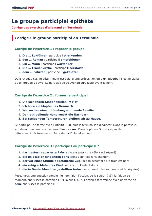 Corrigé « Le groupe participial épithète » en PDF