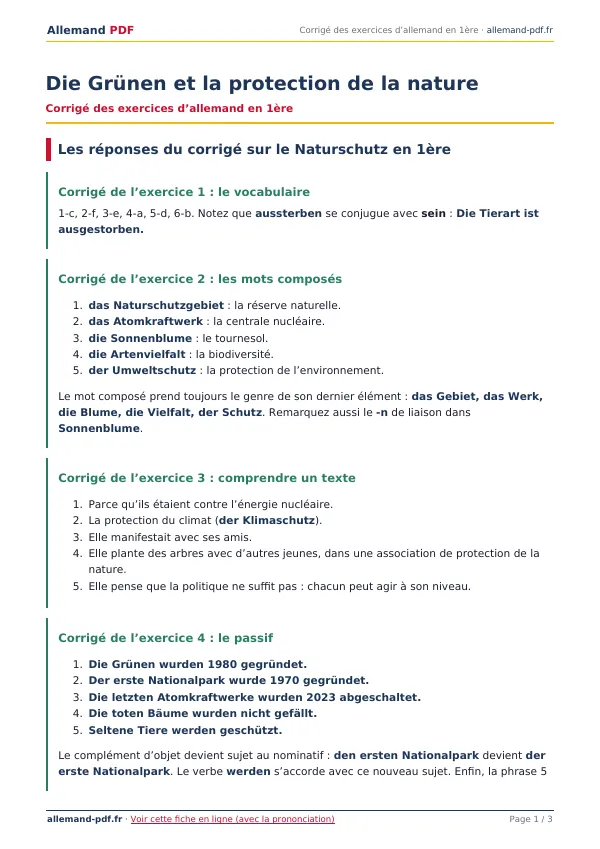 Corrigé « Die Grünen et la protection de la nature » en PDF
