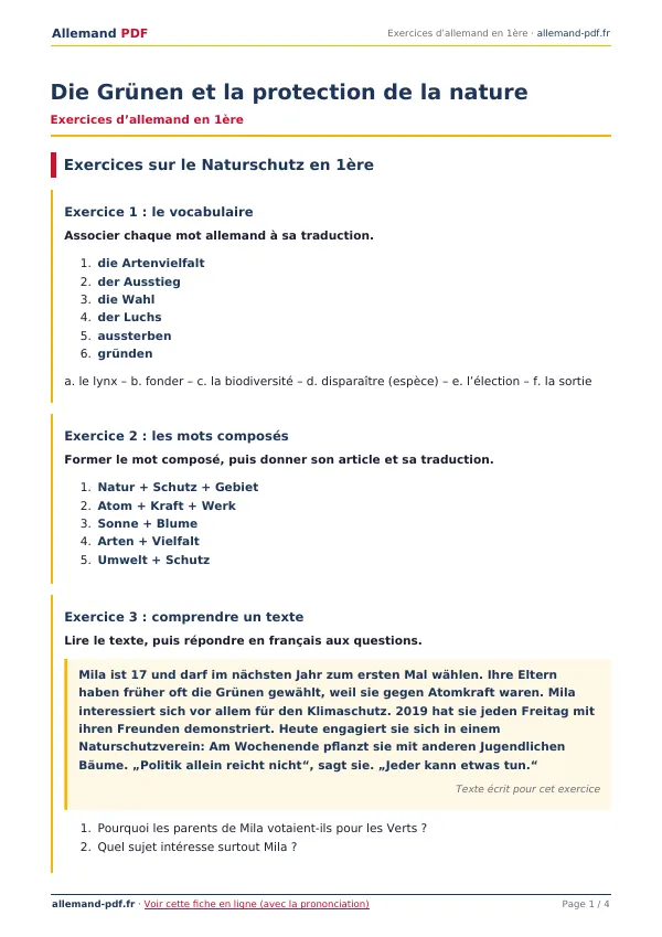 Exercices « Die Grünen et la protection de la nature » en PDF