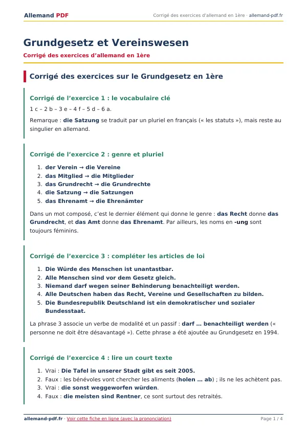 Corrigé « Grundgesetz et Vereinswesen » en PDF