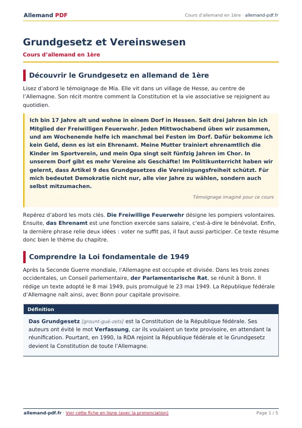 Cours « Grundgesetz et Vereinswesen » en PDF