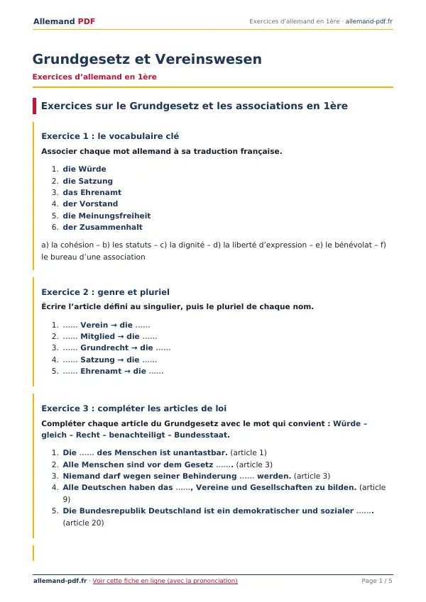Exercices « Grundgesetz et Vereinswesen » en PDF